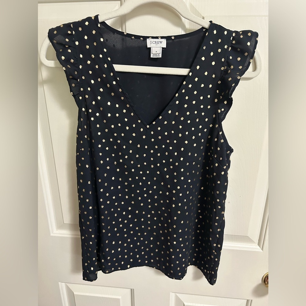 J.Crew Black & Metallic Gold Dot Flutter Sleeve V Neck Blouse Festive 4